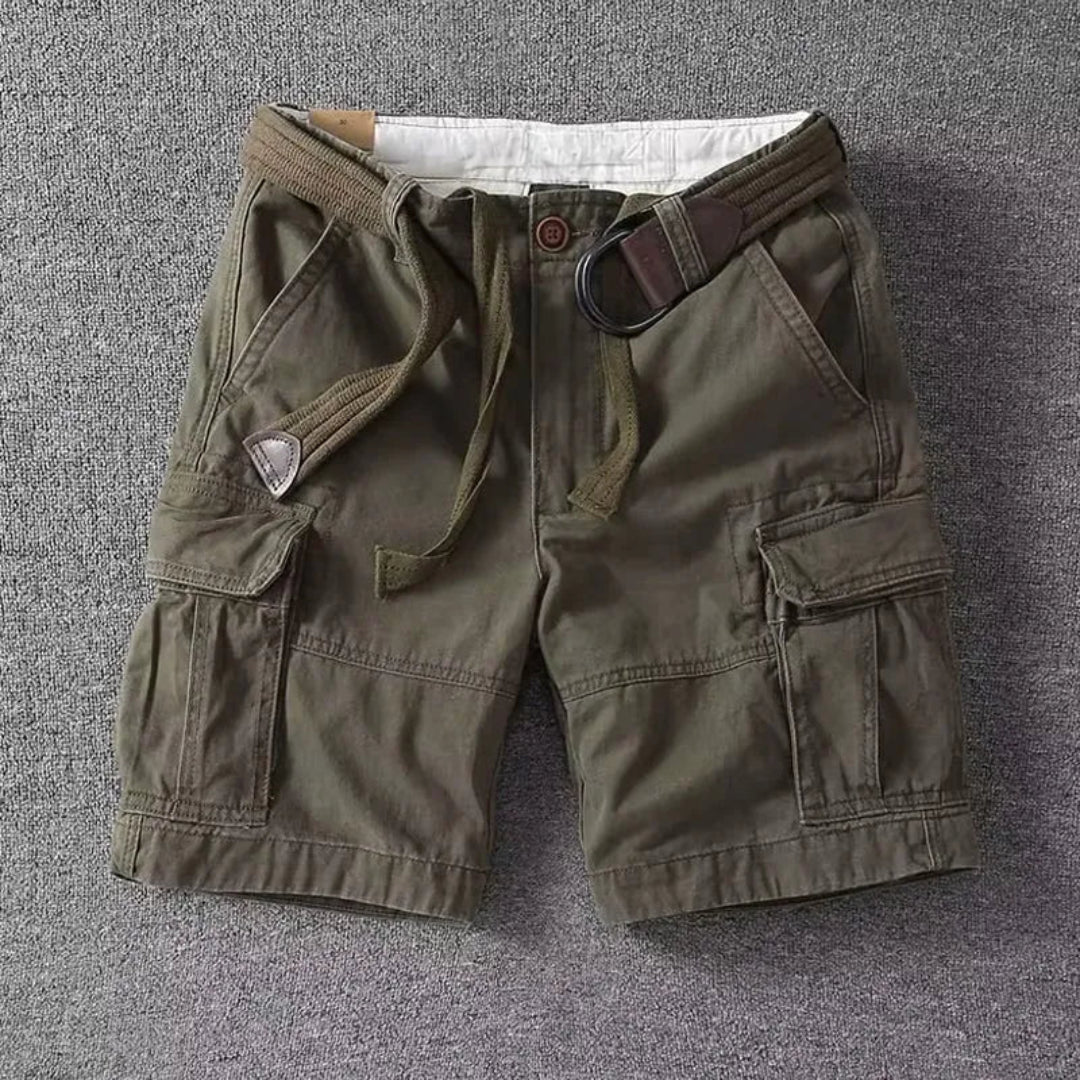 Liam khaki belted cargo shorts with multi-pocket utility design, breathable cotton blend for hiking