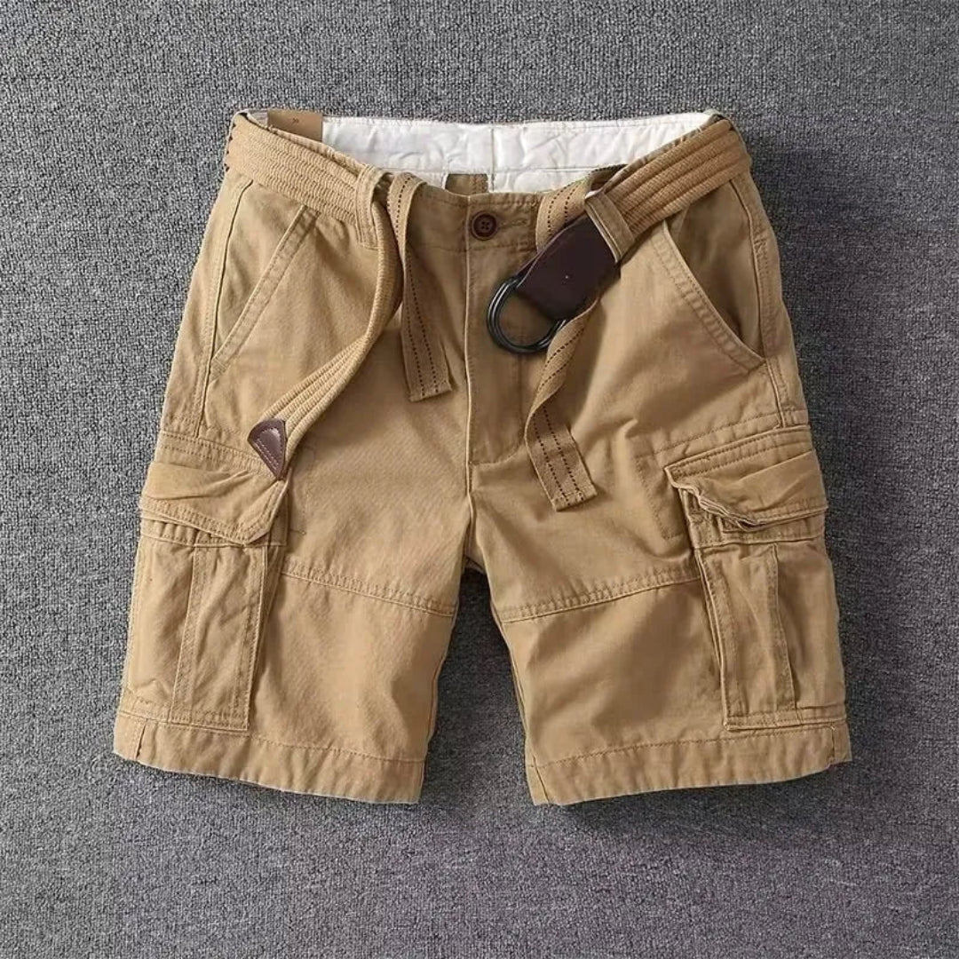Khaki belted cargo shorts with multi-pocket utility design, breathable cotton blend for hiking and outdoor use