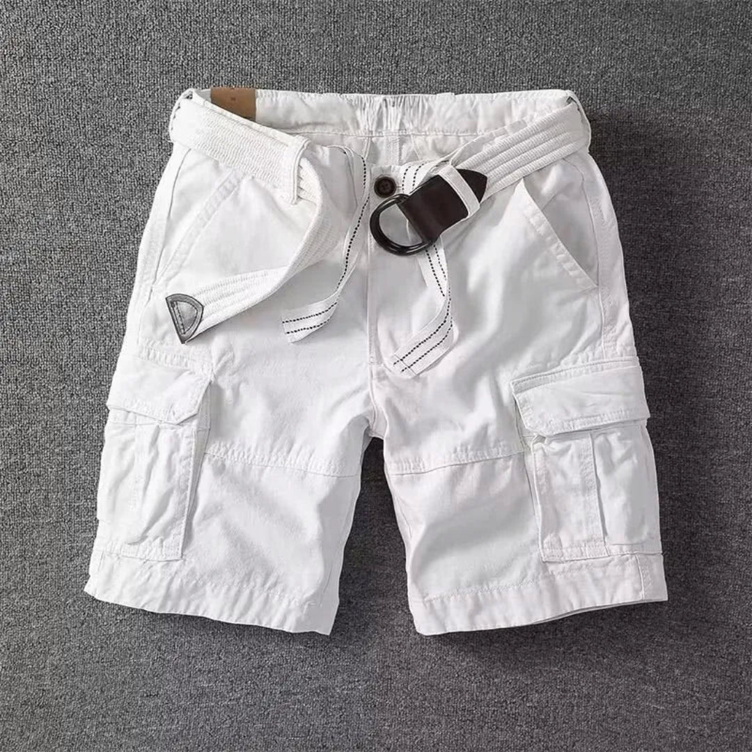 Khaki belted cargo shorts with multi-pocket utility design, breathable cotton blend for hiking and outdoor adventures