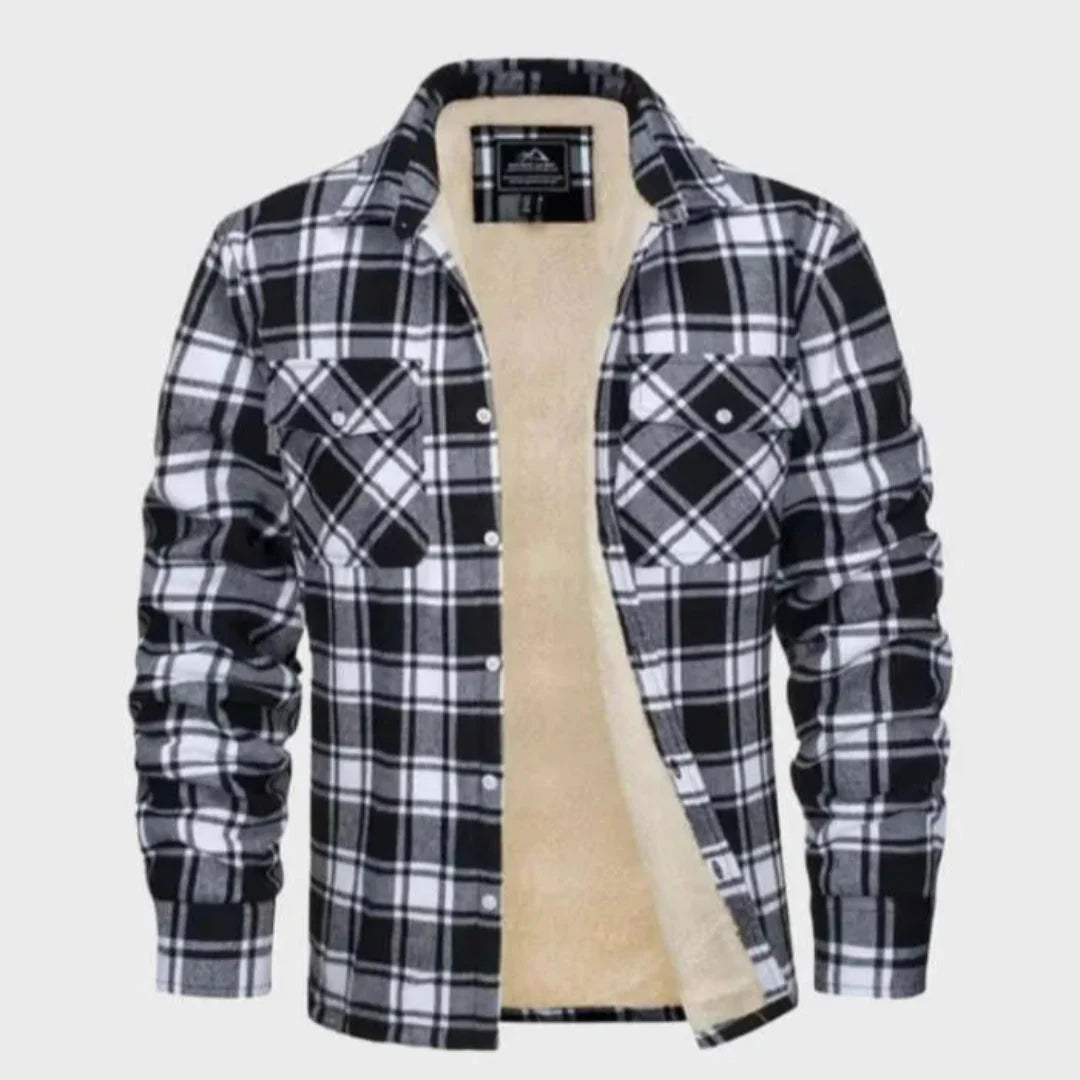 Men's sherpa-lined plaid flannel jacket rugged classic style with cozy fleece interior warmth