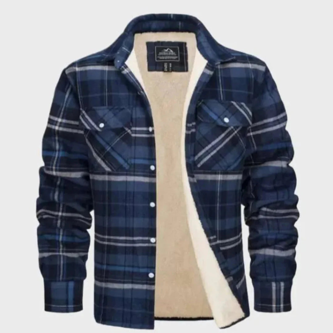 Men's sherpa-lined flannel jacket classic plaid pattern rugged cozy outer layer all-day warmth