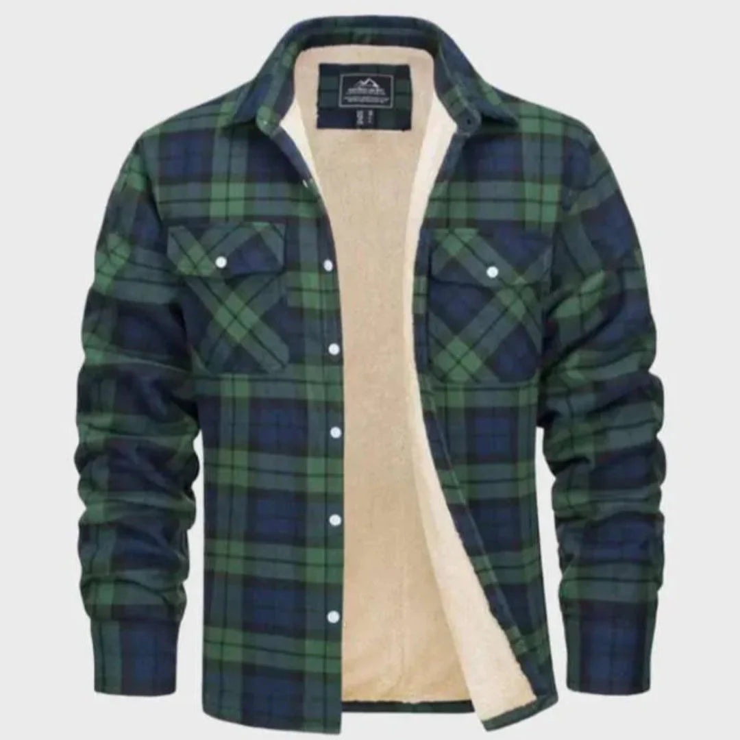 Men's sherpa-lined plaid flannel jacket with rugged classic fit and cozy sherpa interior warmth