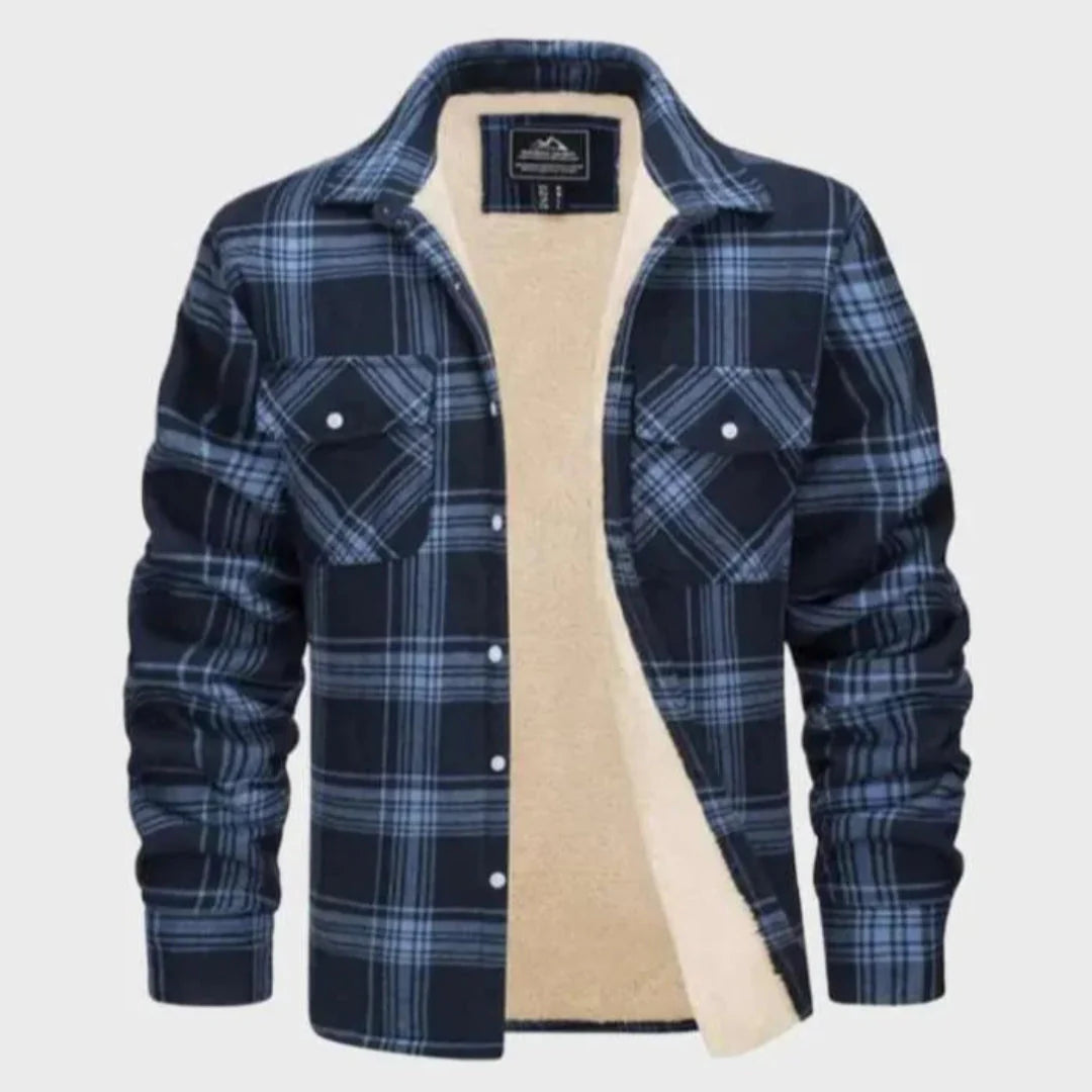 Men's sherpa-lined plaid flannel jacket with rugged classic fit and cozy sherpa interior warmth