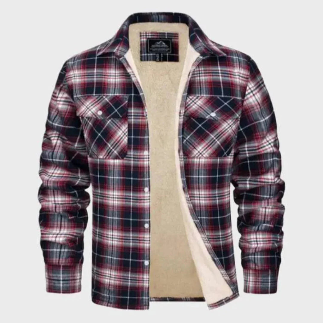 Men's sherpa-lined plaid flannel jacket rugged classic fit with cozy sherpa interior lining