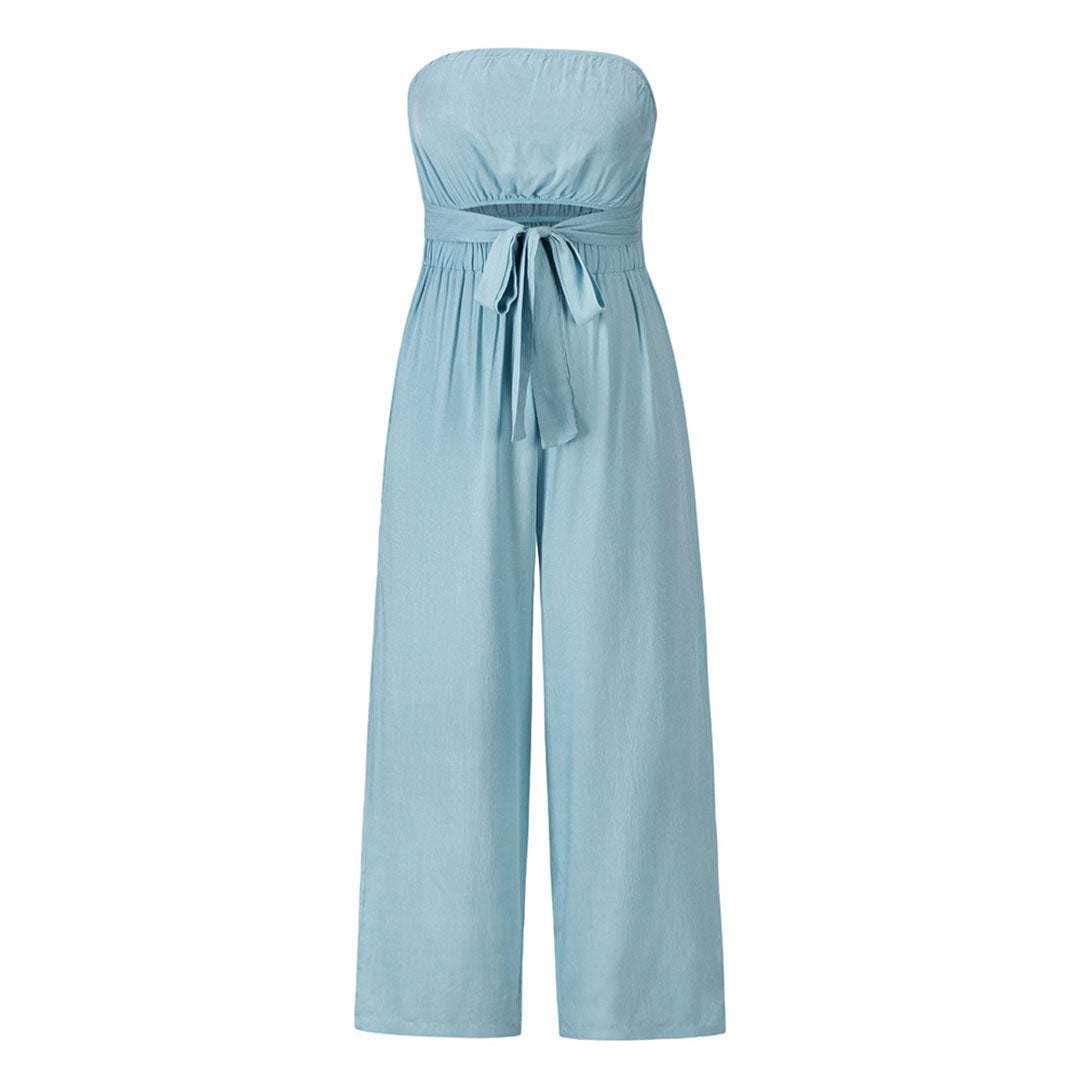 Strapless wide-leg women's jumpsuit with elastic waistband in elegant minimalist silhouette