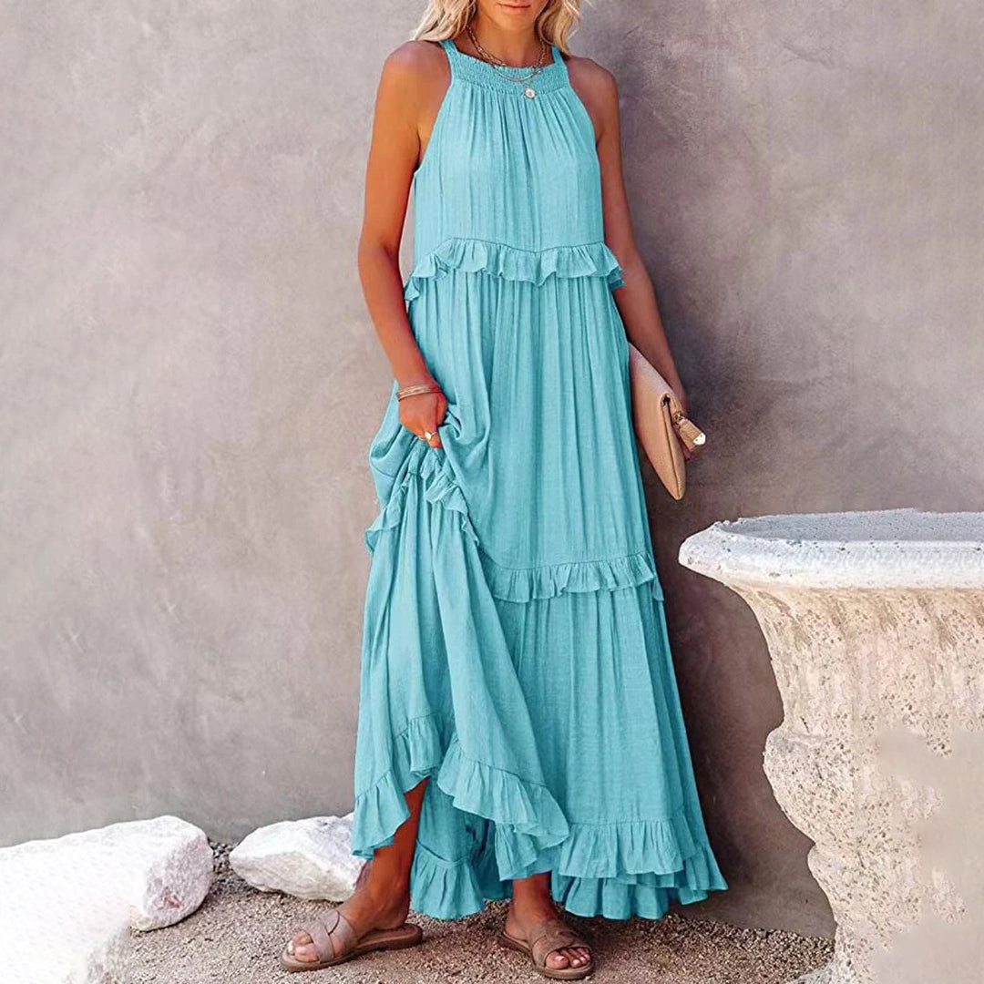 Women's sleeveless halterneck maxi dress, A-line silhouette in breezy summer style