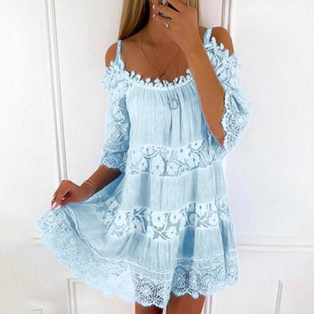 Women's off-shoulder mini dress with flowy fit and delicate lace panels, lightweight summer style