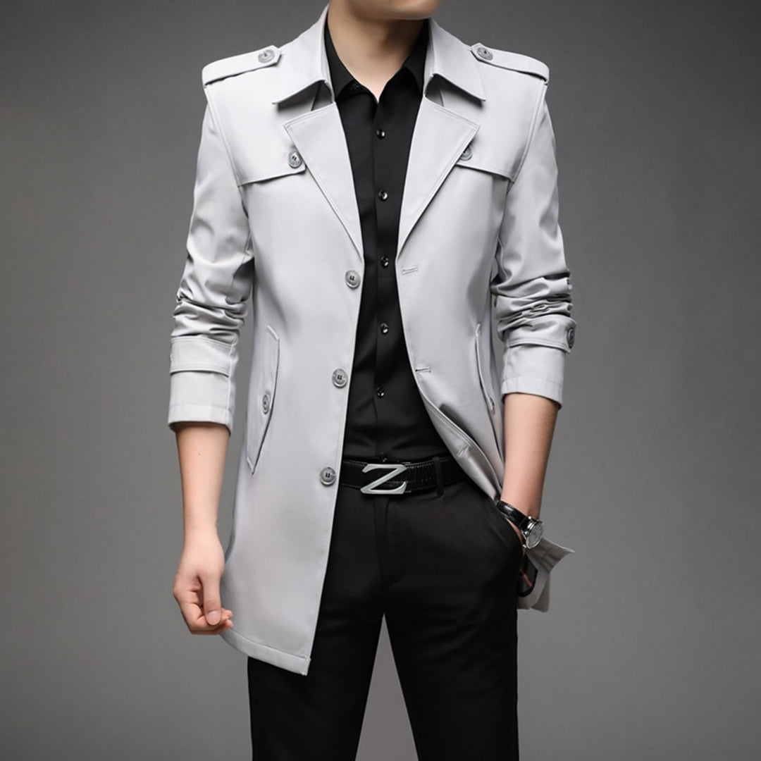 Men's lightweight single-breasted trench coat in neutral tone with clean front closure modern cut