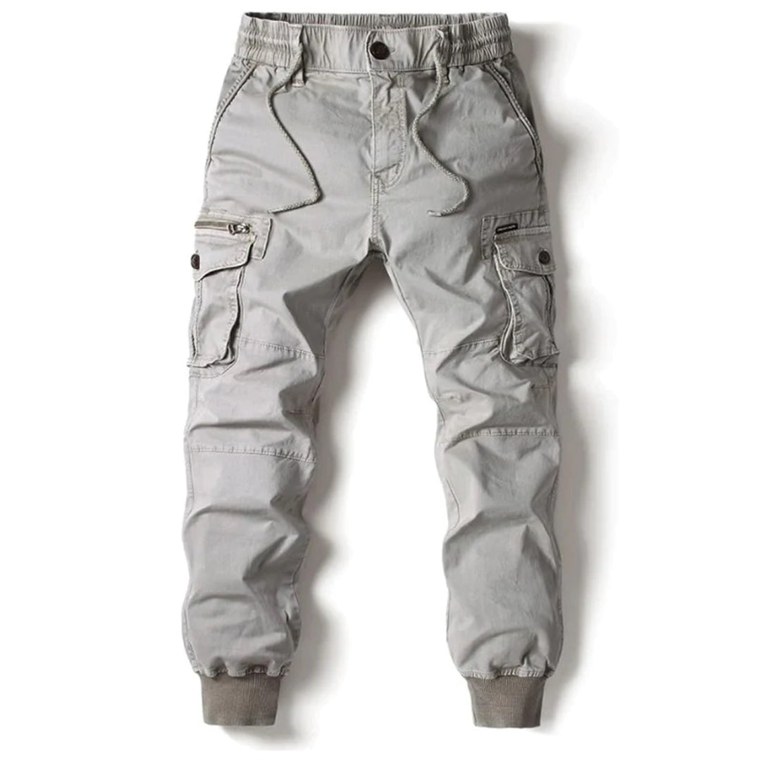 Men's gray cargo sweatpants relaxed fit with multiple utility pockets cotton polyester elastane blend