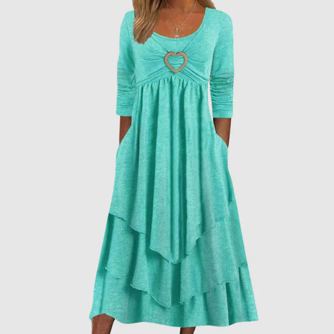 Women's layered maxi dress with sweetheart neckline, relaxed fit jersey-knit tiered silhouette