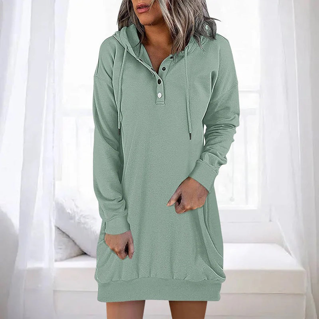Women's gray hoodie dress with buttoned collar, long sleeves, attached hood, Nordic-inspired casual style