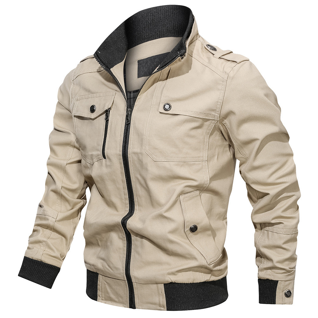 Men's multi-pocket bomber jacket classic silhouette ribbed cuffs hem collar versatile everyday outerwear