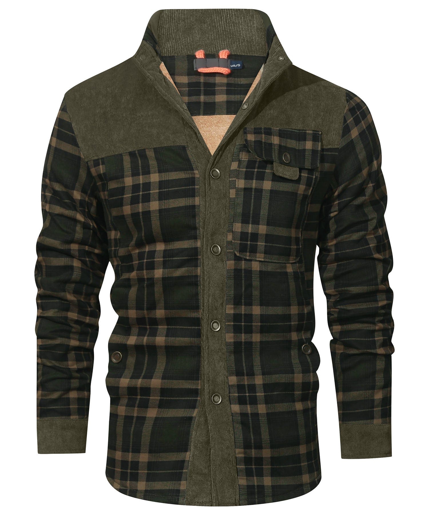 Men's checkered winter jacket with button closure and warm inner lining for outdoor activities