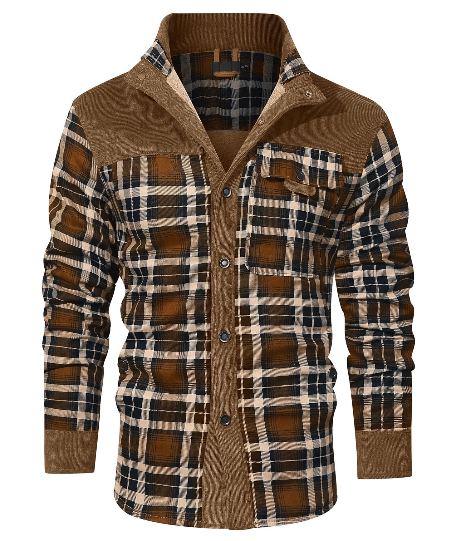 Men's checkered winter jacket with button closure and warm inner lining for outdoor activities