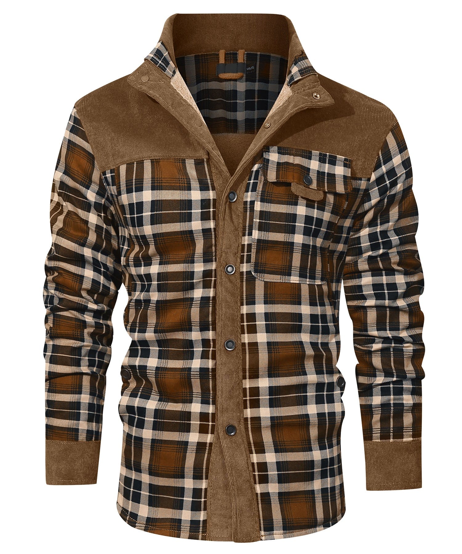Men's checkered winter jacket with button closure and warm inner lining for outdoor activities