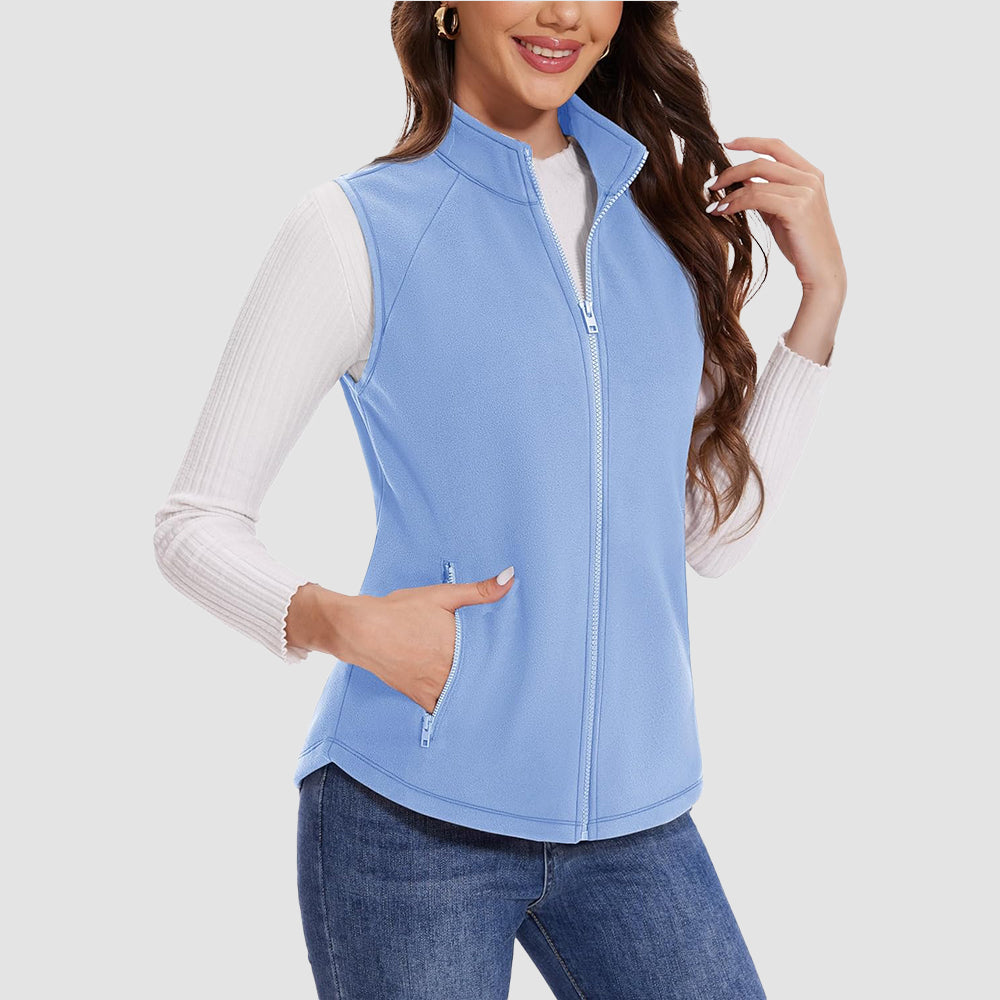 Women's sleeveless fleece vest lightweight static-resistant warmth with 4 deep pockets and stand collar