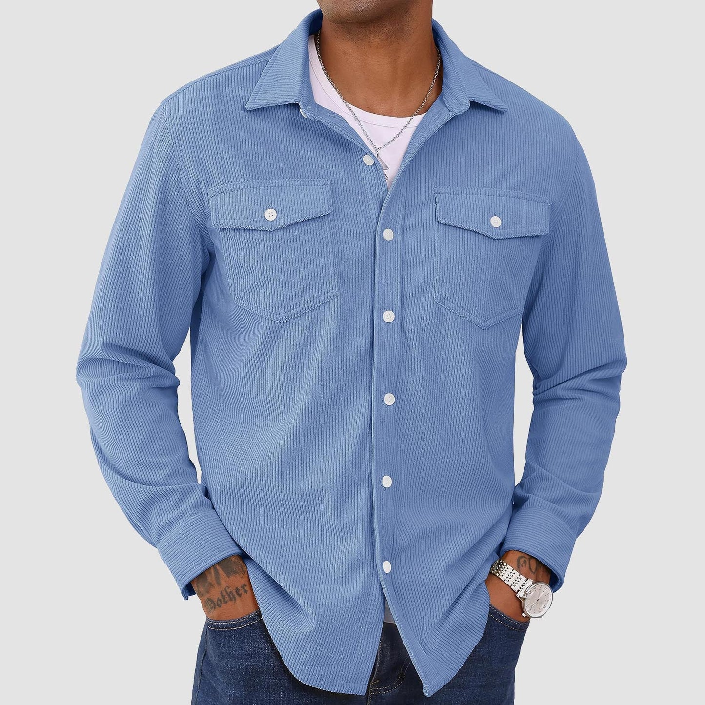 Men's lightweight corduroy long sleeve casual shirt, solid color breathable button-front everyday comfort