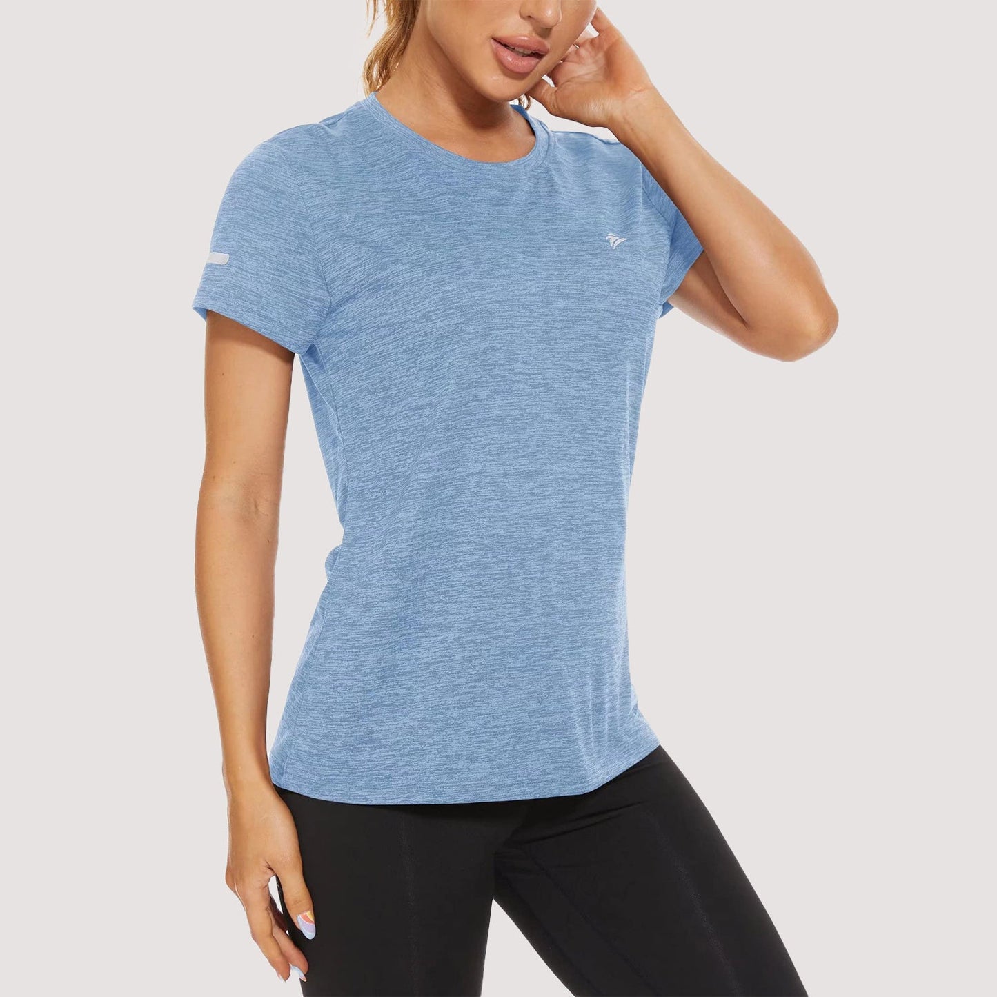 Women's quick-dry moisture-wicking running tee with reflective strips, lightweight polyester activewear
