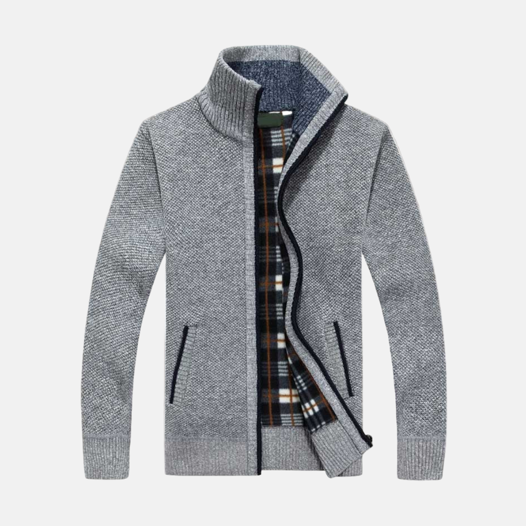 Men's gray knit jacket with fleece lining, regular fit, casual layering style for fall warmth
