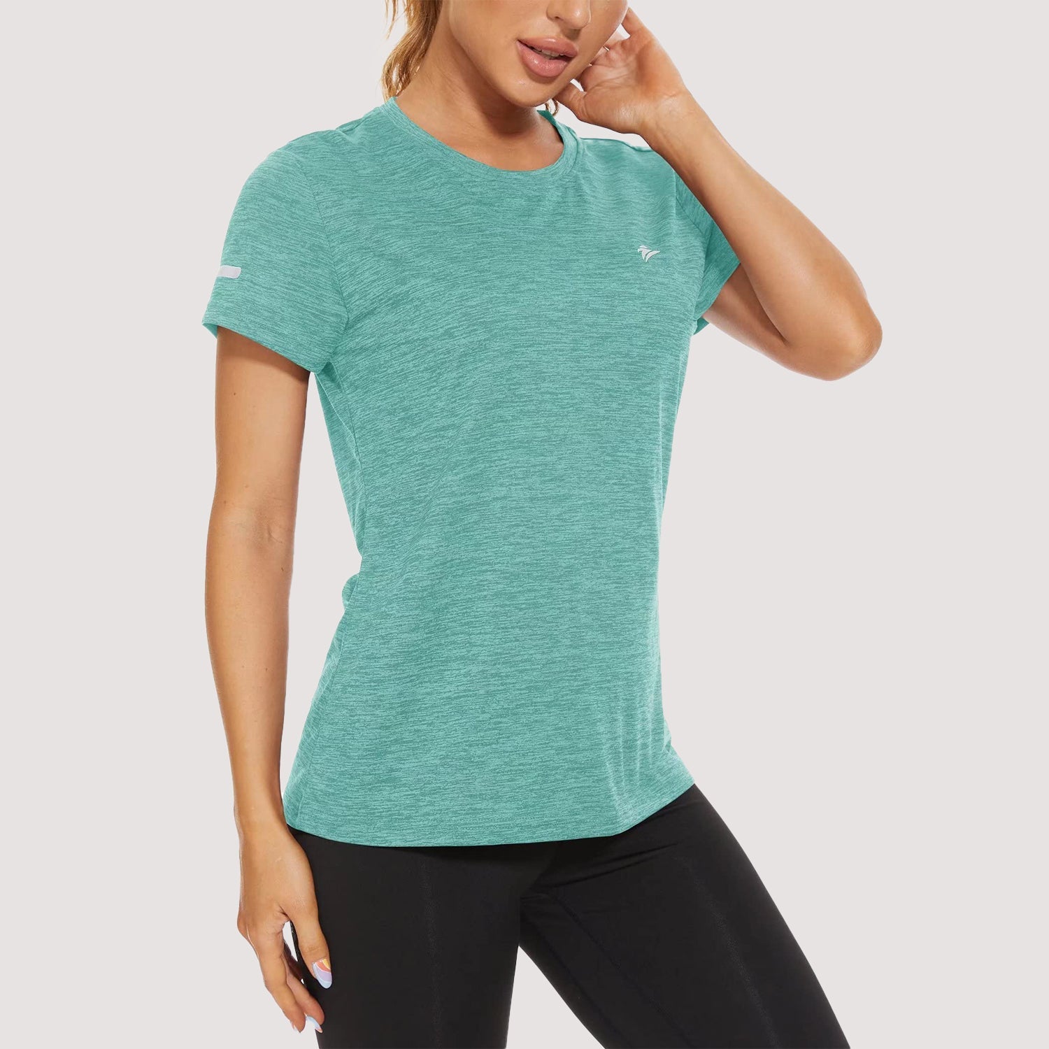 Women's quick-dry moisture-wicking running tee with reflective strips, lightweight polyester activewear
