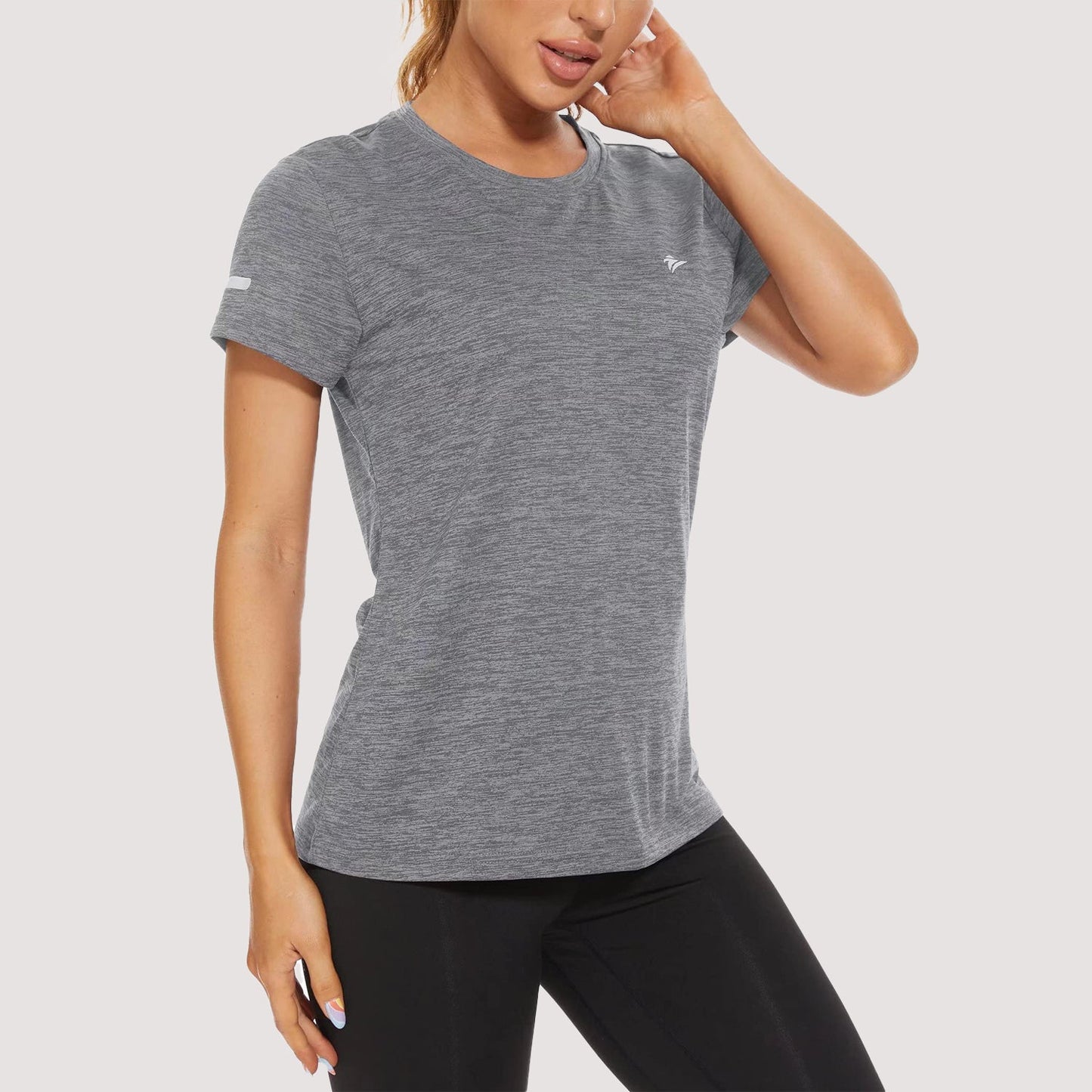 Women's quick-dry moisture-wicking running tee with reflective strips, lightweight polyester activewear
