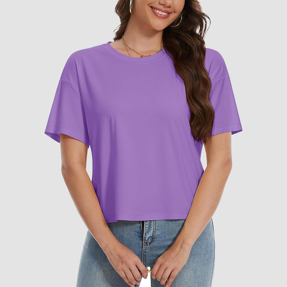 Women's white cotton crop top with UPF 50+ sun protection, relaxed fit, moisture-wicking lightweight tee