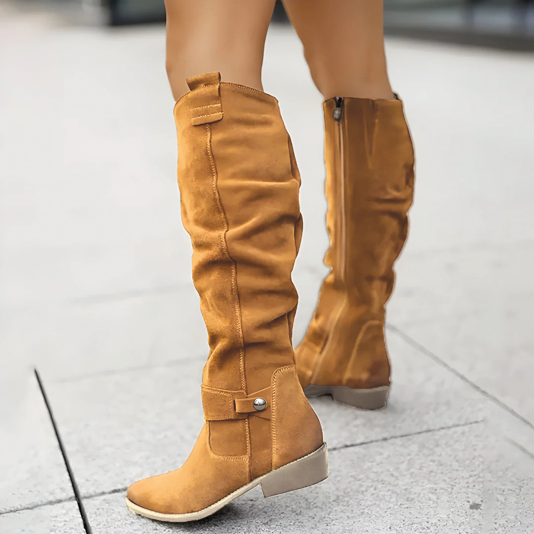 Sadie brown suede knee-high boots women vegan leather pull-on silhouette all-day comfort