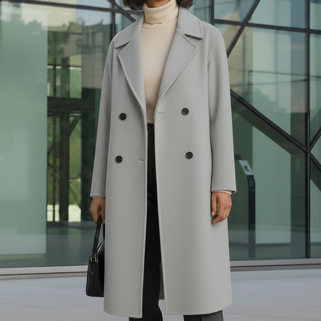 Women's elegant double-breasted knee-length trench coat with bold lapels, refined fall-winter outerwear