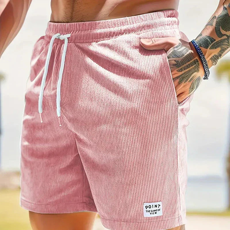 Men's beige corduroy drawstring shorts relaxed fit textured fabric casual beach everyday style