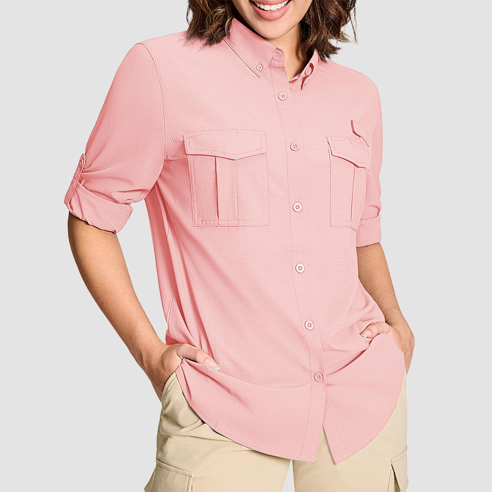 Women's UPF 50 lightweight hiking shirt quick-dry breathable long sleeve with roll-up feature