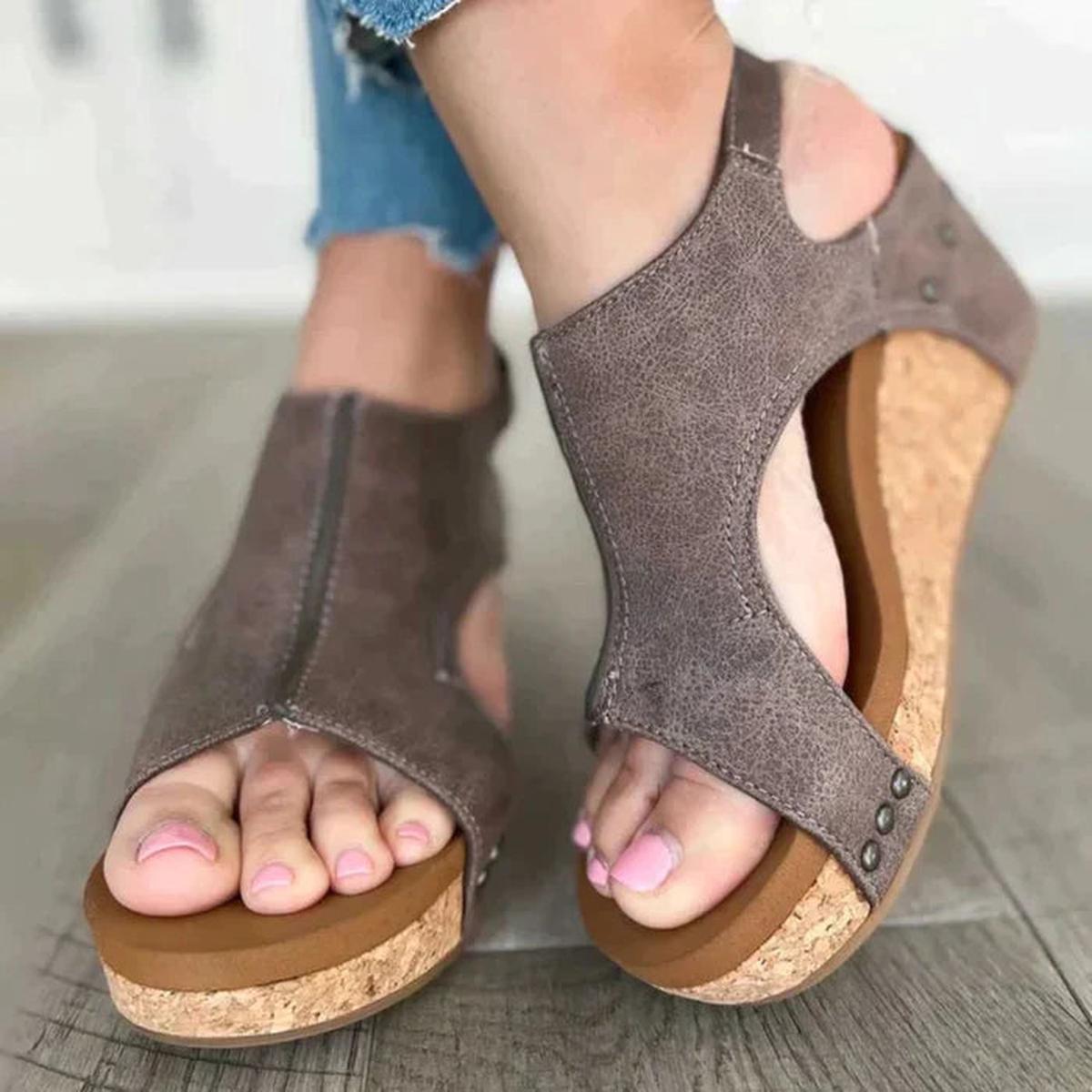 Women's casual peep toe wedge sandals in neutral tone, comfort-fit silhouette with stable wedge heel