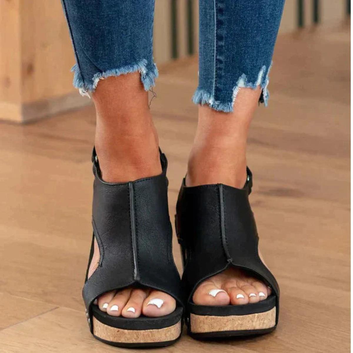 Women's casual peep toe wedge sandals in neutral tones with all-day comfort sole and feminine silhouette