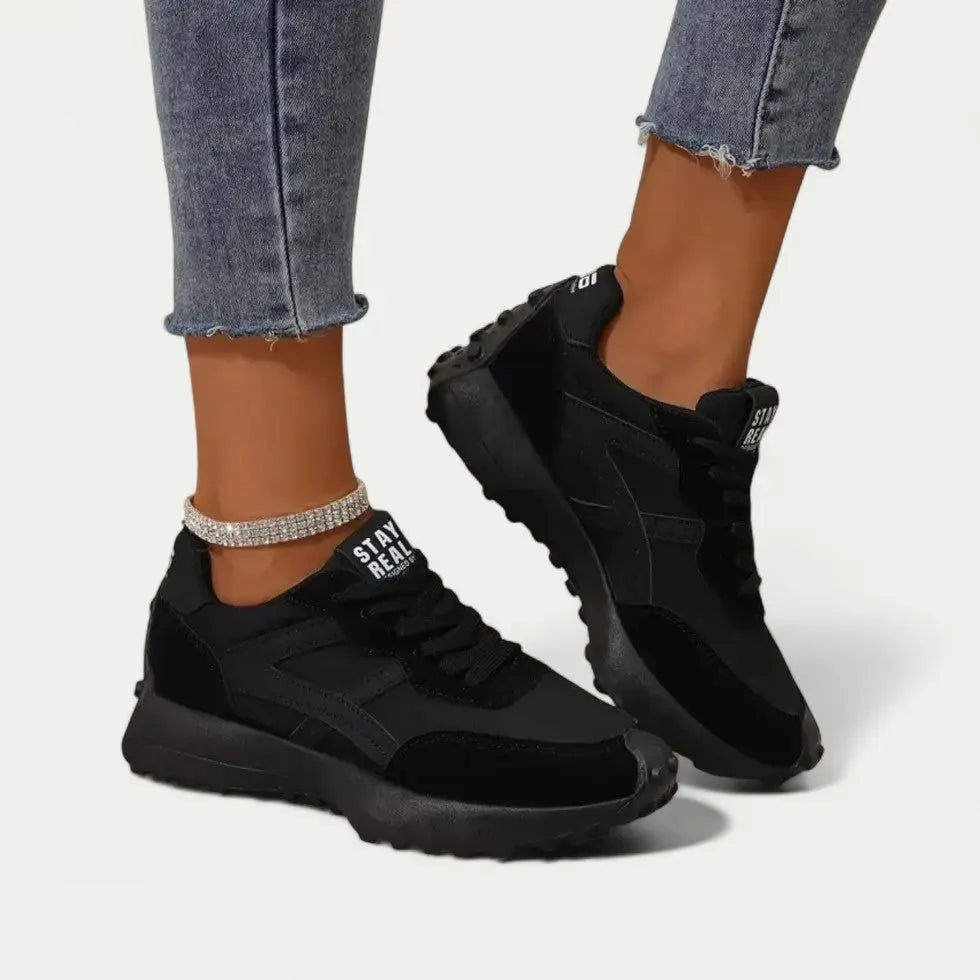 Women's lightweight cushioned sneakers in neutral tones, sleek low-top silhouette with breathable upper