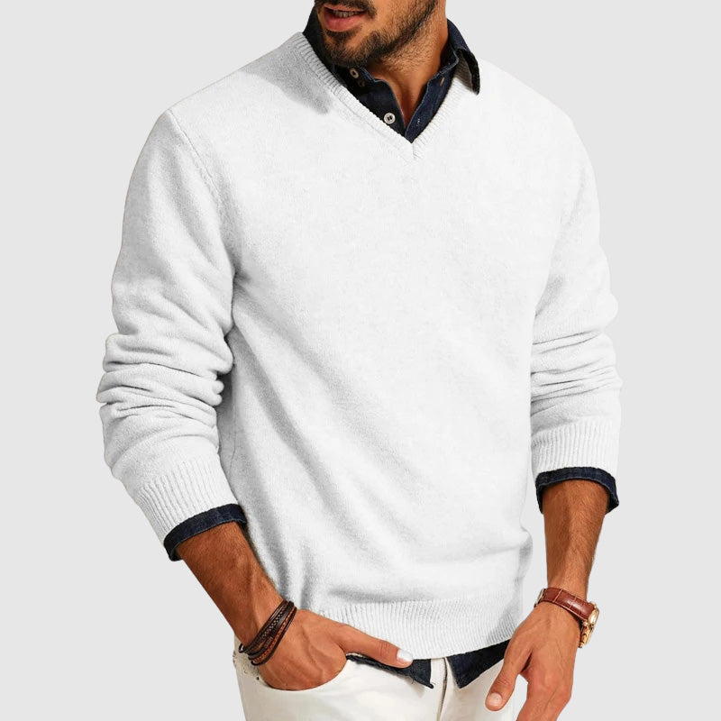Men's slim fit V-neck wool blend sweater in neutral tone, lightweight layering essential for everyday wear