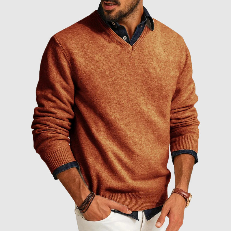 Men's slim fit V-neck wool blend sweater in neutral tone, lightweight layering essential for everyday wear