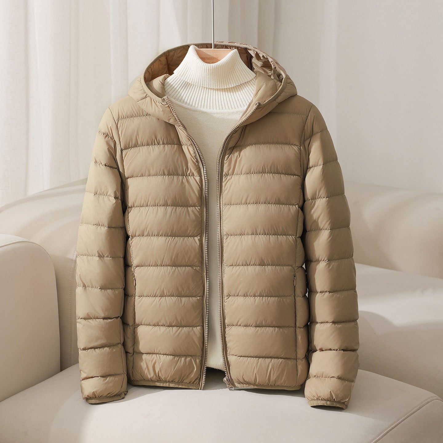 Women's slim hooded quilted down jacket, lightweight nylon shell with white duck down insulation