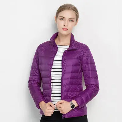 Men's lightweight duck down puffer jacket in neutral tone, slim urban fit with minimalist city-ready design