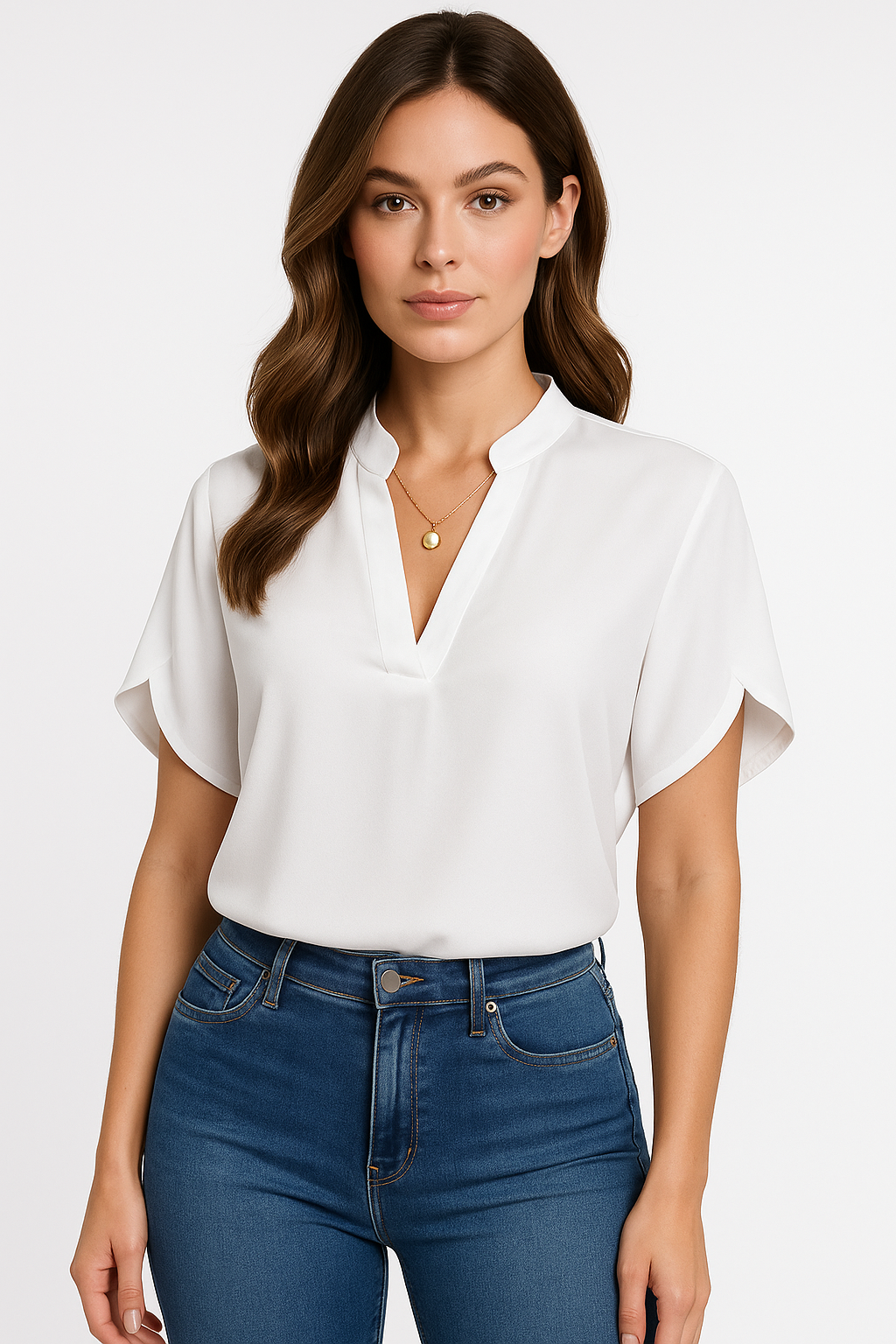 Women's white V-neck mandarin collar blouse with relaxed silhouette and polished everyday style