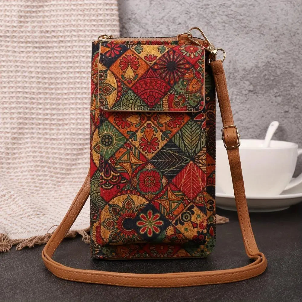 Floral cork crossbody phone pouch with adjustable strap, eco-friendly compact design for everyday use