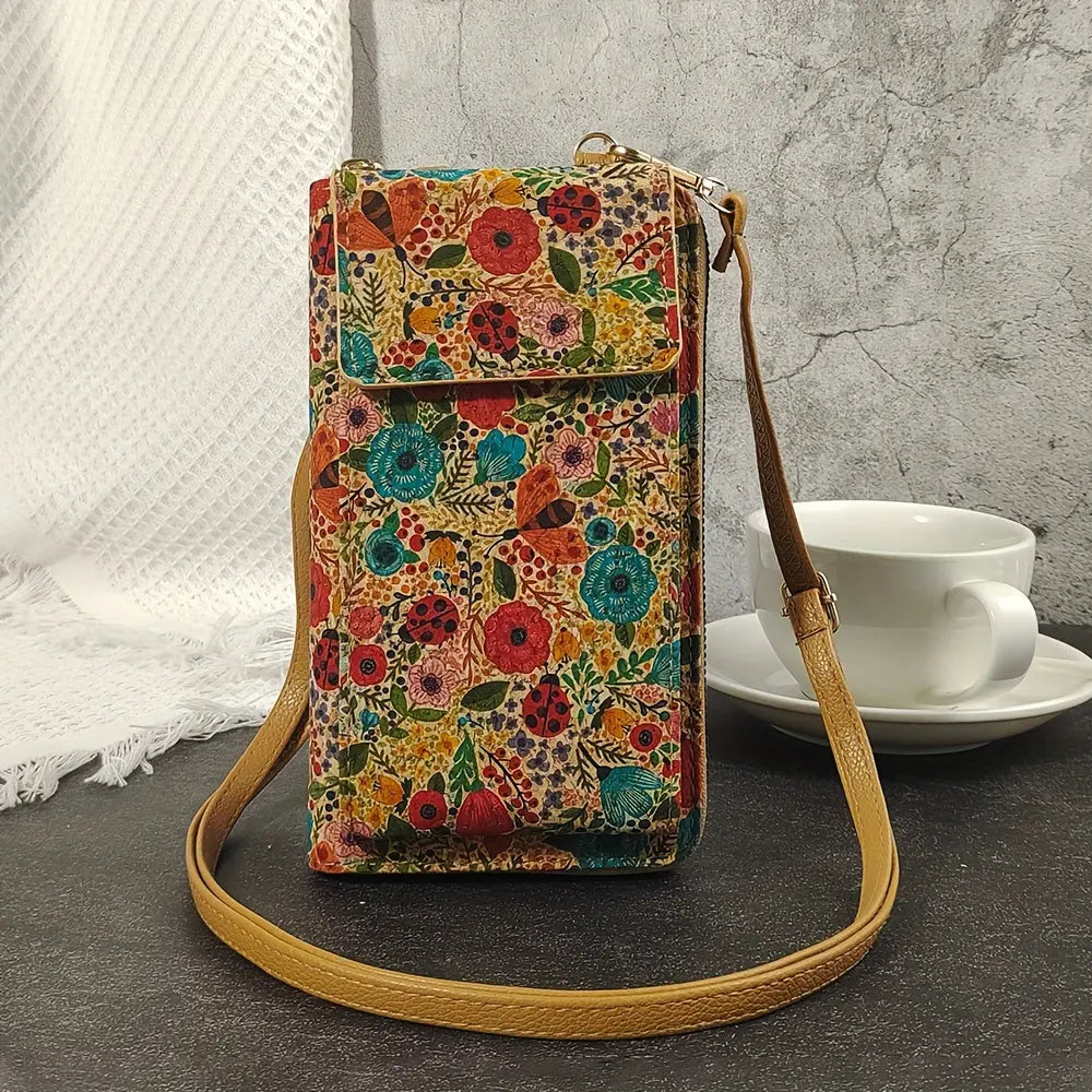 Paula floral cork crossbody phone pouch with adjustable strap, eco-friendly vibrant print mini bag