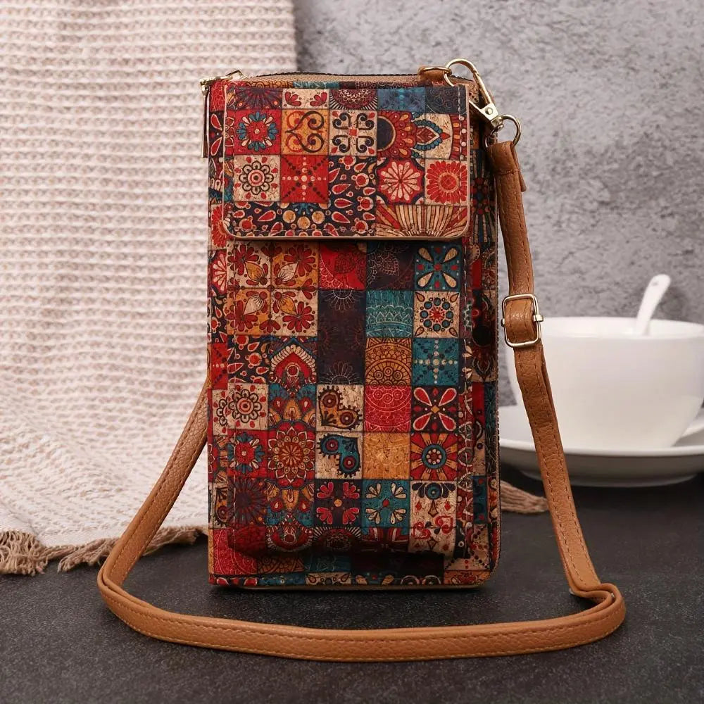 Paula floral cork crossbody phone pouch with adjustable strap and vibrant floral print eco-friendly