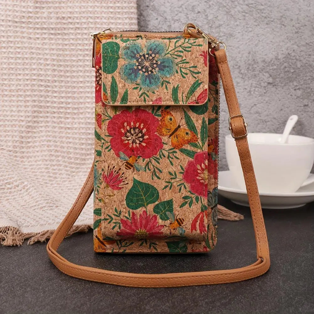 Paula floral cork crossbody phone pouch with adjustable strap and vibrant floral print eco-friendly