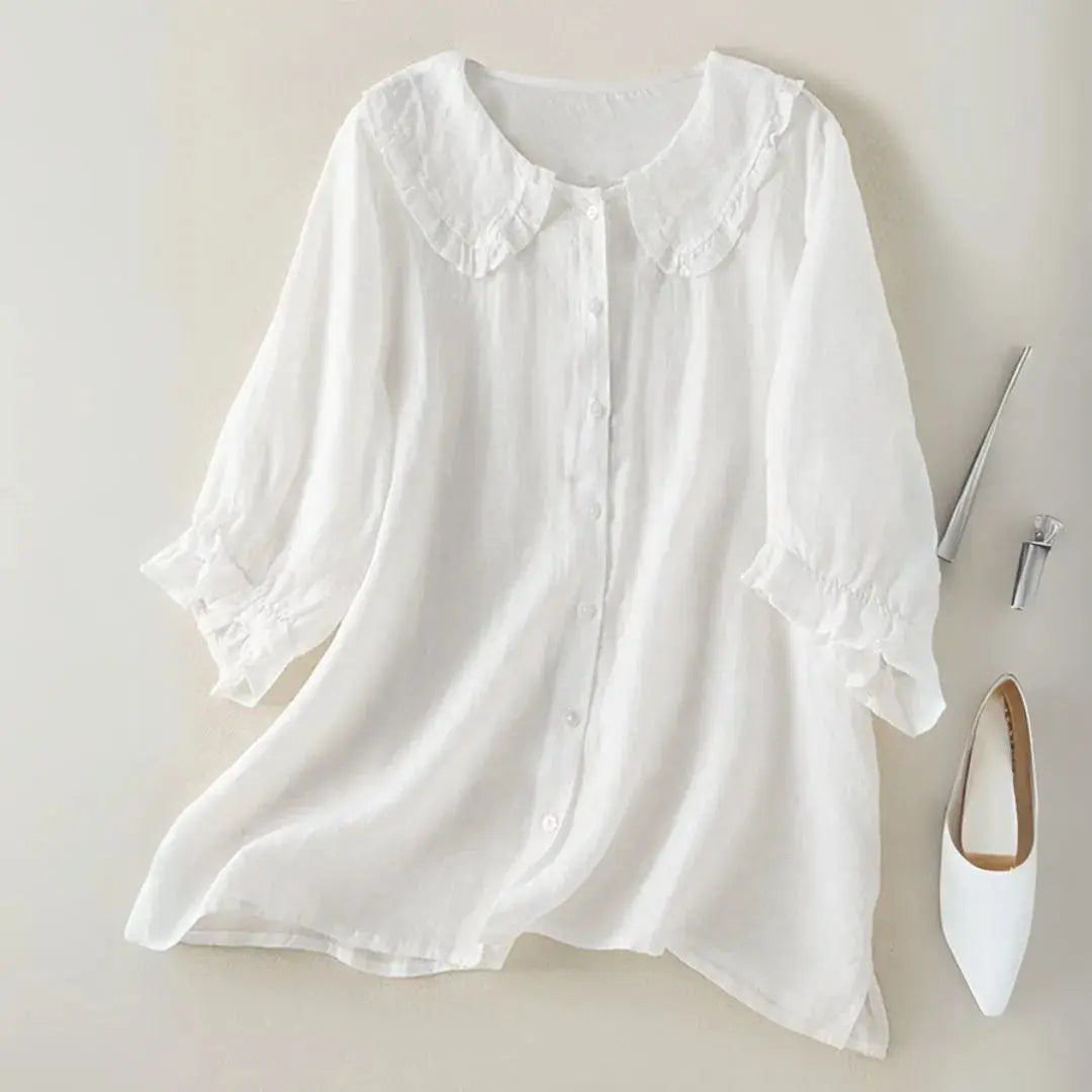 Women's white linen blend blouse with ruffled Peter Pan collar, breathable vintage-inspired top