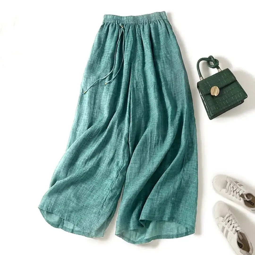 Women's wide-leg linen pants elastic waist drawstring flowy silhouette breathable warm-weather style