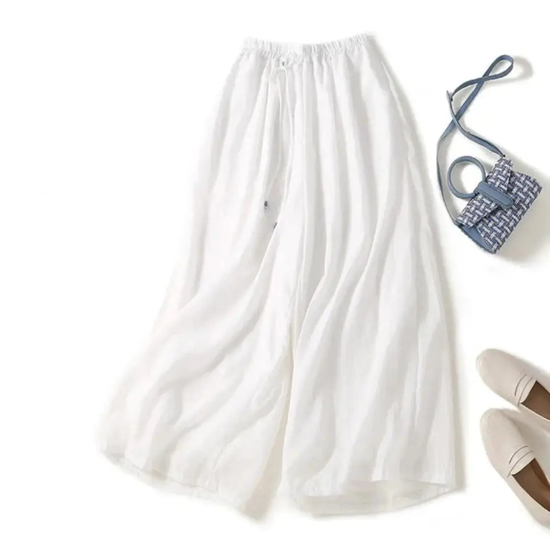 Women's wide-leg linen pants elastic waist flowy silhouette breathable lightweight warm-weather style