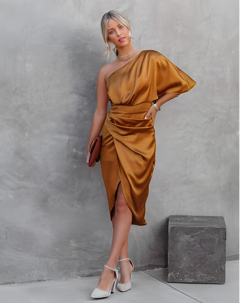 Elegant silk sleeveless cocktail dress V-neck timeless chic design for wedding guests
