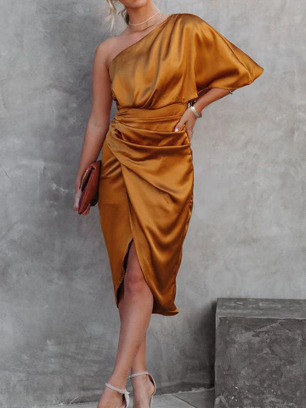 Women's one-sleeve rose patchwork dress, high waist oblique collar irregular skirt in bold colorblock