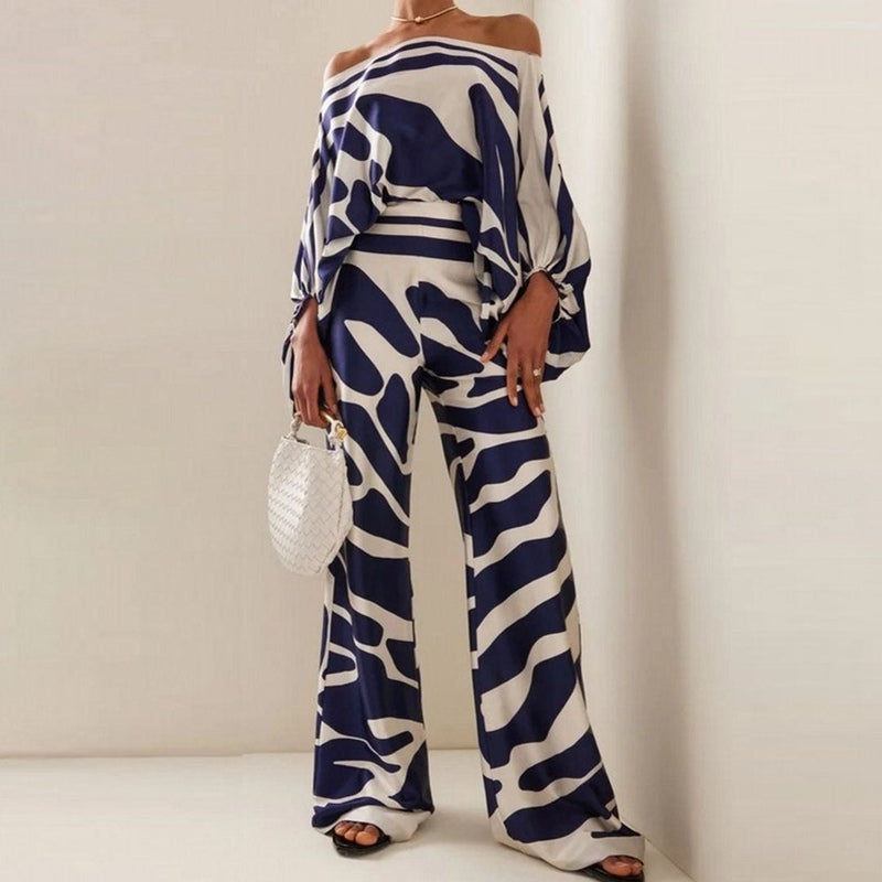 Women's silk blend one-shoulder blouse wide leg trousers relaxed two-piece set draped luxe silhouette