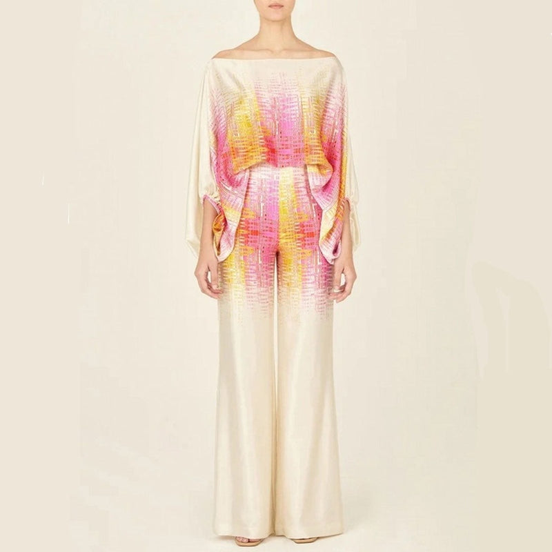 Women's silk two-piece set one-shoulder blouse wide-leg trousers relaxed luxe fluid drape