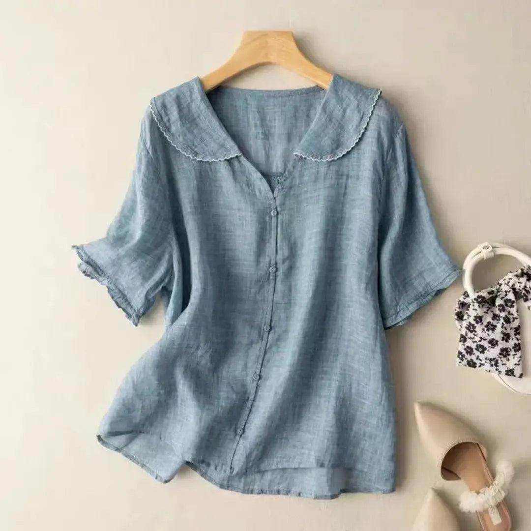Women's loose fit linen blouse soft breathable V-neck scalloped edges wrinkle resistant flattering top